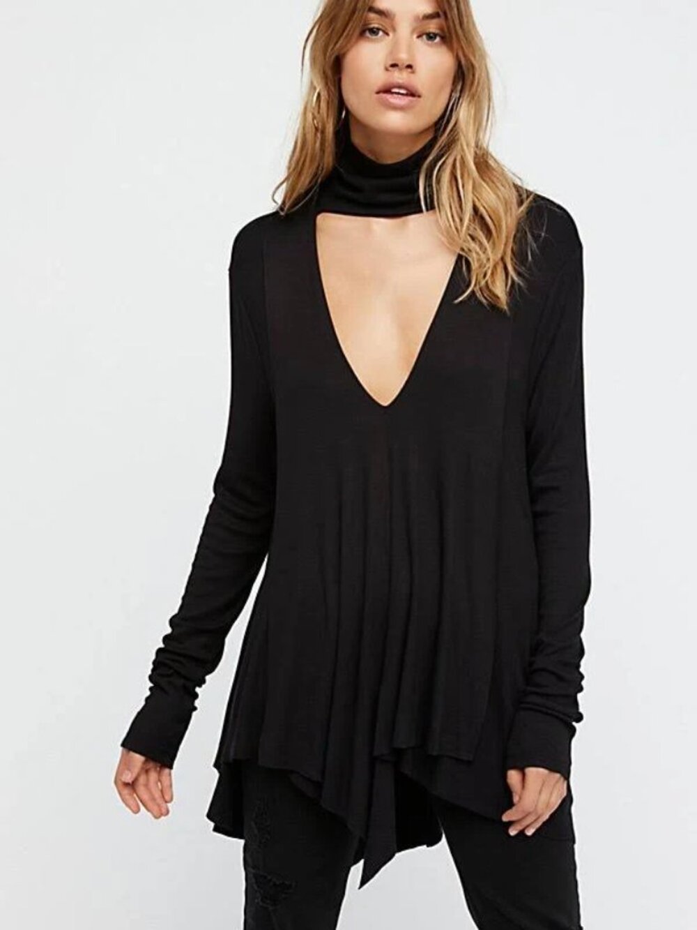 FREE PEOPLE | Black Uptown Lagenlook Tunic V Neck Cutout Asymmetric Hem | Size L